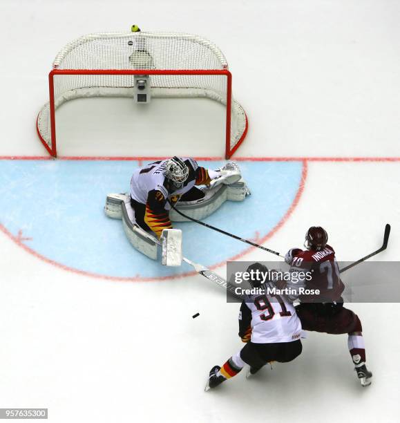 Niklas Treutle, goaltender of Germany tends net against Latvia the 2018 IIHF Ice Hockey World Championship Group B game between Latvia and Germany at...