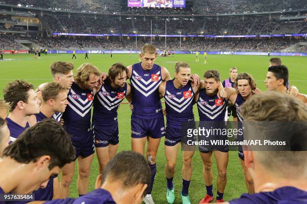 Nat Fyfe of the Dockers speaks to the huddle at the start of the game during the round eight AFL match between the Fremantle Dockers and the St Kilda...