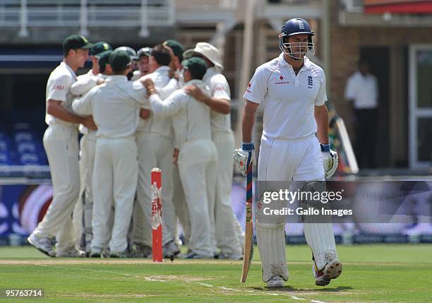 Andrew Strauss of England walks off after being dismissed for a duck by Dale Steyn of South Africa during day one of the fourth test match between...