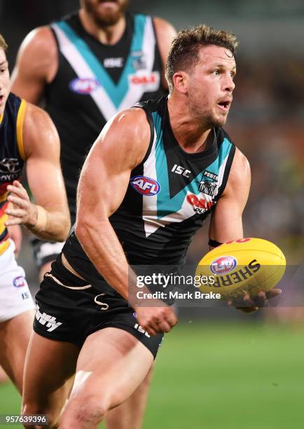 Travis Boak captain of Port Adelaide during the round eight AFL match between the Port Adelaide Power and the Adelaide Crows at Adelaide Oval on May...