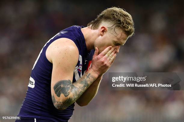 Cam McCarthy of the Dockers reacts after missing a set shot on goal during the round eight AFL match between the Fremantle Dockers and the St Kilda...