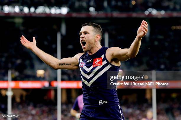 Hayden Ballantyne of the Dockers celebrates after scoring a goal during the round eight AFL match between the Fremantle Dockers and the St Kilda...