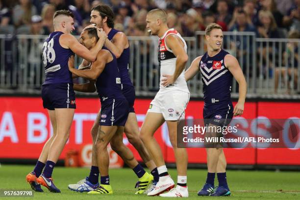 Danyle Pearce of the Dockers celebrates after scoring a goal during the round eight AFL match between the Fremantle Dockers and the St Kilda Saints...