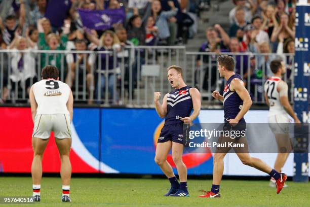 Brandon Matera of the Dockers celebrates a goal during the round eight AFL match between the Fremantle Dockers and the St Kilda Saints at Optus...