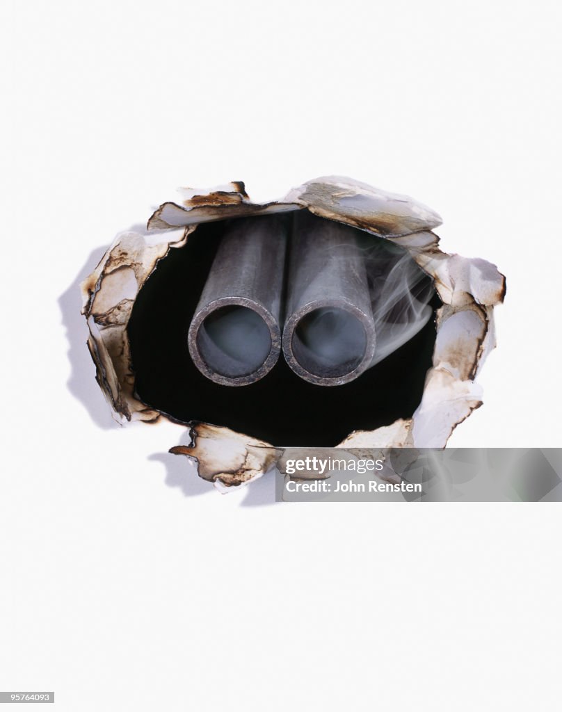 Double barreled shot gun firing through a wall
