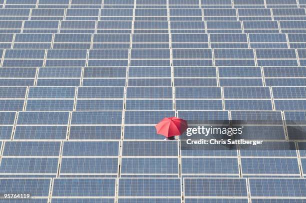 woman holding red umbrella in solar plant - chris sattlberger stock pictures, royalty-free photos & images