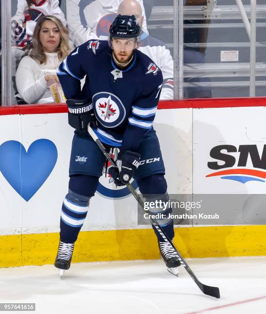 Ben Chiarot of the Winnipeg Jets keeps an eye on the play during second period action against the Nashville Predators in Game Six of the Western...