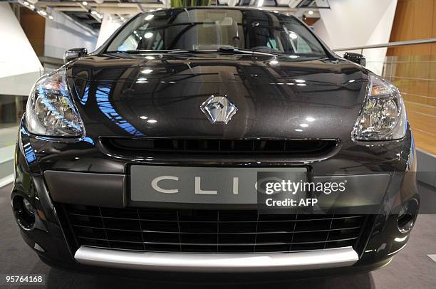 Photo taken Januray 14, 2010 in Boulogne-Billancourt, near Paris, shows the front of a Clio car made by the French car maker Renault. Renault...