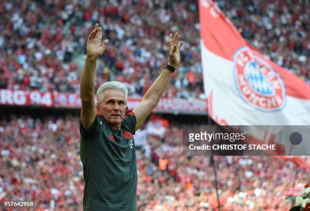 Bayern Munich headcoach Jupp Heynckes waves during a farewell ceremony prior to the German first division Bundesliga football match FC Bayern Munich...