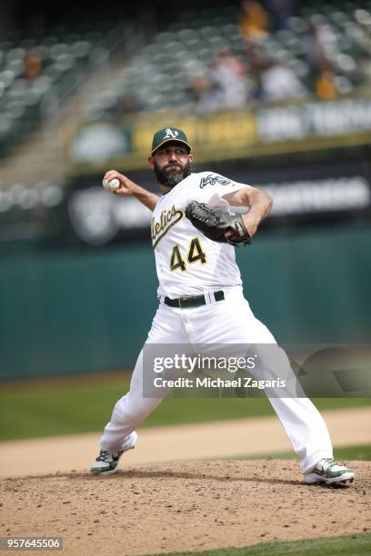 Chris Hatcher of the Oakland Athletics pitches during the game against the Chicago White Sox at the Oakland Alameda Coliseum on April 18, 2018 in...