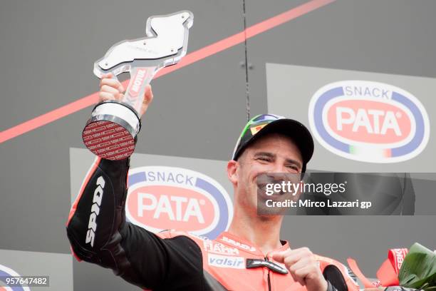 Marco Melandri of Italy and ARUBA.IT RACING-DUCATI celebrates on the podium the third place at the end of the WorldSBK Race 1 during the 2018...