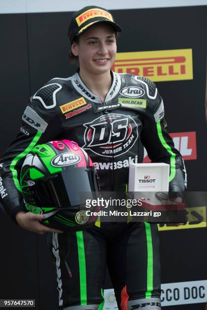 Ana Carrasco of Spain and DS Junior Team celebrates the pole position of SuperSport300 during the 2018 Superbikes Italian Round on May 12, 2018 in...