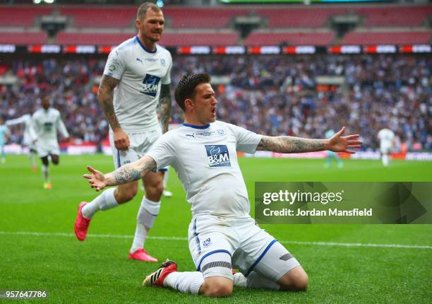 Andy Cook of Tranmere Rovers celebrates after scoring his sides first goal during the Vanarama National League Play Off Final between Boreham Wood...