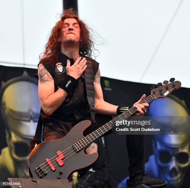 Musician Frank Bello of the band Anthrax performs onstage at FivePoint Amphitheatre on May 11, 2018 in Irvine, California.