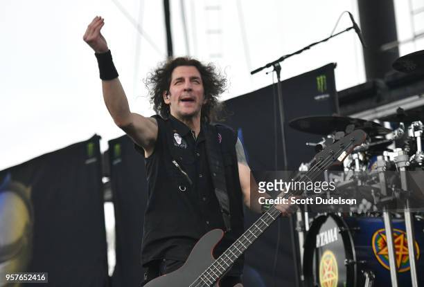 Musician Frank Bello of the band Anthrax performs onstage at FivePoint Amphitheatre on May 11, 2018 in Irvine, California.