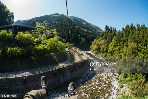 pov shot of a man on a zip line flying through the forest canopy. - ziplining stock pictures, royalty-free photos & images