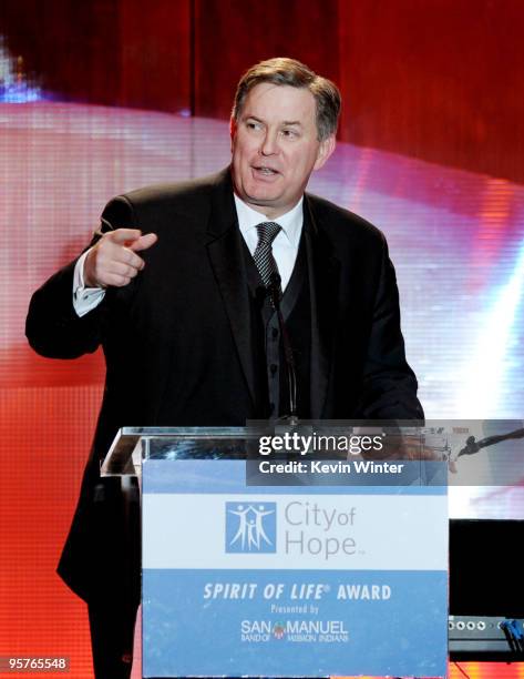 Honoree Tim Leiweke, president and CEO of AEG, appears onstage at City of Hope's Music and Entertainment Industry's Spirit of Life Gala in the...