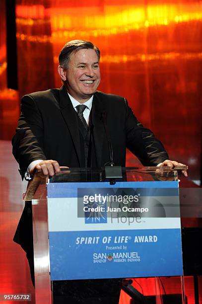 President Tim Leiweke speaks to the audience during The City Of Hope's Spirit Of Life Award Gala as part of the festivities surrounding lighting...