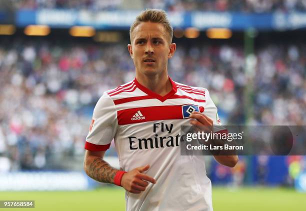 Lewis Holtby of Hamburger SV celebrates after scoring his sides second goal during the Bundesliga match between Hamburger SV and Borussia...