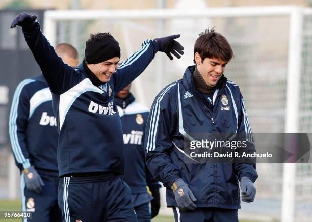 Cristiano Ronaldo and Kaka of Real Madrid joke during a training session at Valdebebas on January 14, 2010 in Madrid, Spain.