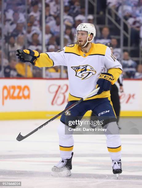 Colton Sissons of the Nashville Predators keeps an eye on the play during third period action against the Winnipeg Jets in Game Six of the Western...