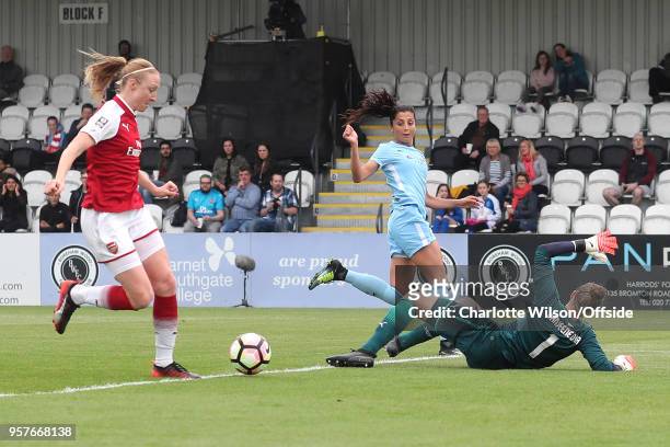 Nadia Nadim of Man City scores the opening goal during the Womens Super League match between Arsenal Ladies and Manchester City Women at Meadow Park...