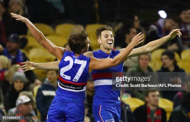 Marcus Bontempelli of the Bulldogs celebrates after kicking a goal during the round eight AFL match between the Western Bulldogs and the Brisbane...
