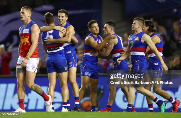 Marcus Bontempelli of the Bulldogs celebrates after kicking a goal during the round eight AFL match between the Western Bulldogs and the Brisbane...