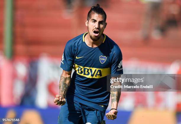 Junior Benitez of Boca Juniors celebrates after scoring the third goal of his team during a match between Huracan and Boca Juniors as part of...