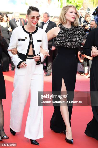 Kirsten Stewart and Lea Seydoux walk the red carpet in protest of the lack of female filmmakers honored throughout the history of the festival at the...