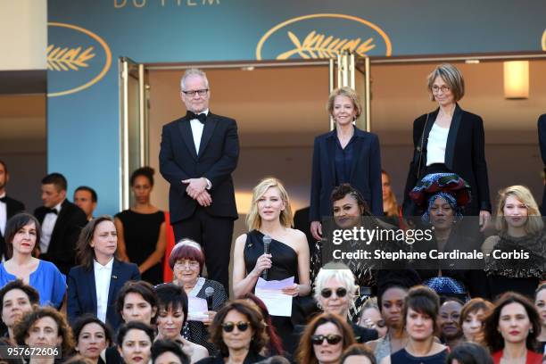 Jury head Cate Blanchett with other filmmakers reads a statement on the steps of the red carpet in protest of the lack of female filmmakers honored...