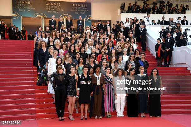 Jury head Cate Blanchett with other filmmakers reads a statement on the steps of the red carpet in protest of the lack of female filmmakers honored...