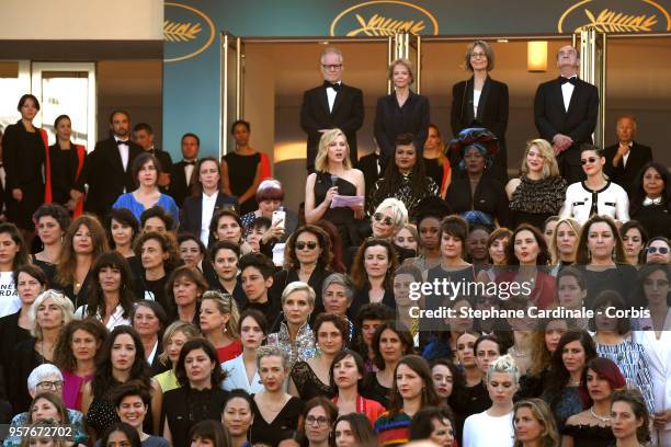 Jury head Cate Blanchett with other filmmakers reads a statement on the steps of the red carpet in protest of the lack of female filmmakers honored...