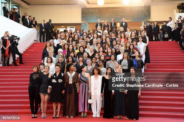 Jury head Cate Blanchett with other filmmakers reads a statement on the steps of the red carpet in protest of the lack of female filmmakers honored...