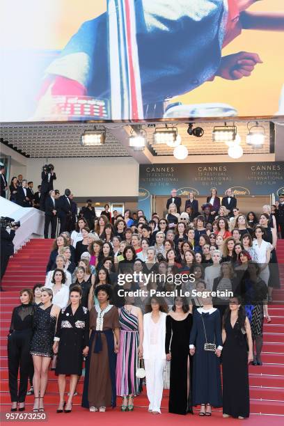 Jury head Cate Blanchett with other filmmakers reads a statement on the steps of the red carpet in protest of the lack of female filmmakers honored...