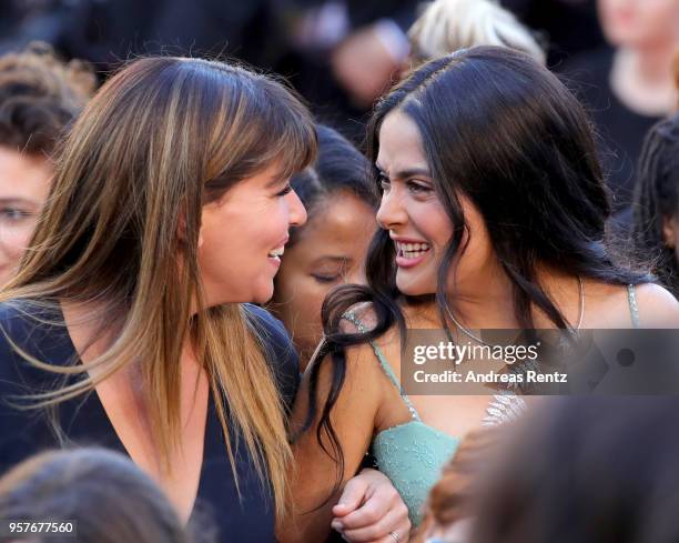 Patty Jenkins and Salma Hayek with other filmmakers on the steps of the red carpet in protest of the lack of female filmmakers honored throughout the...