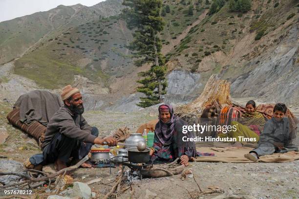 Member of the nomad Bakerwal community prepares tea as others rest in the mountains, enroute to the Mughal Road, some 80 kms south of Srinagar, on...