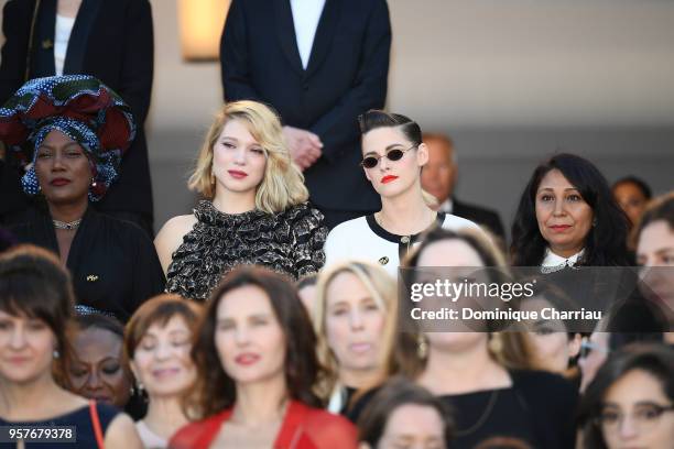 Khadja Nin, Lea Seydoux, Kirsten Stewart and Haifaa al-Mansour with other filmmakers on the steps of the red carpet in protest of the lack of female...