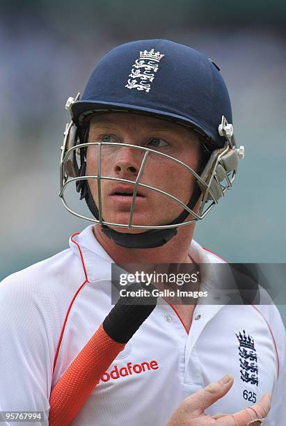 Ian Bell of England leaves the pitch after being bowled by Dale Steyn of South Africa for 35 runs during day one of the fourth test match between...