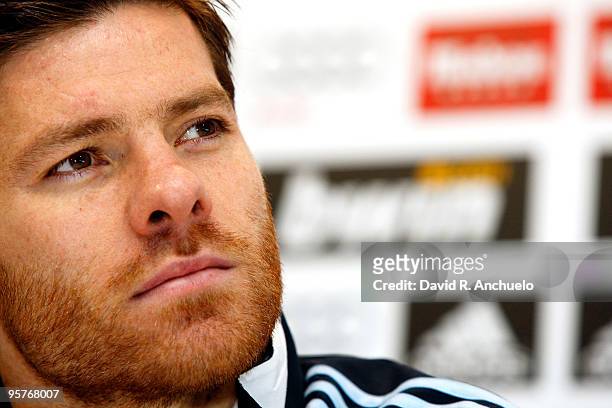 Xabi Alonso of Real Madrid gives a press conference after a training session at Valdebebas on January 14, 2010 in Madrid, Spain.