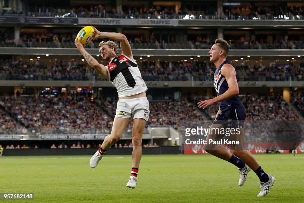 Jimmy Webster of the Saints marks the ball during the round eight AFL match between the Fremantle Dockers and the St Kilda Saints at Optus Stadium on...