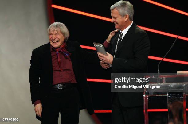 Franco Knie hands over the Swiss award to Clown Dimitri during the Swiss-Award 2009 award ceremony at Hallenstadion on January 9, 2010 in Zurich,...