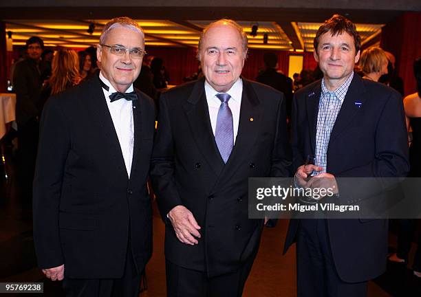 Claude Nobs, the founder of the Montreux Jazz Festival, FIFA President Joseph Blatter and Daniel Rossellat, Mayor of the city of Nyon, attend the...