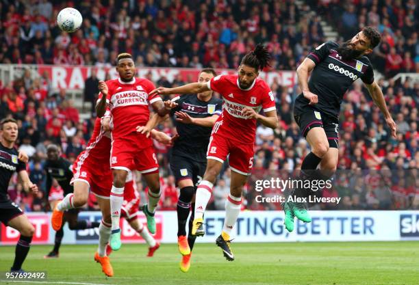 Mile Jedinak of Aston Villa scores his sides first goal during the Sky Bet Championship Play Off Semi Final First Leg match between Middlesbrough and...