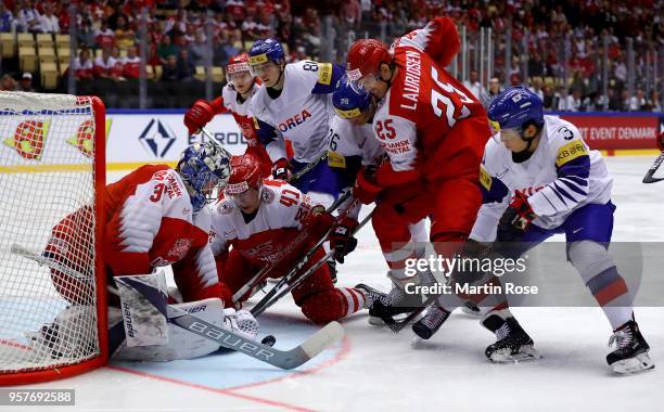 Frederik Andersen , goaltender of Denmark tends net against Korea the 2018 IIHF Ice Hockey World Championship Group B game between Denmark and Korea...