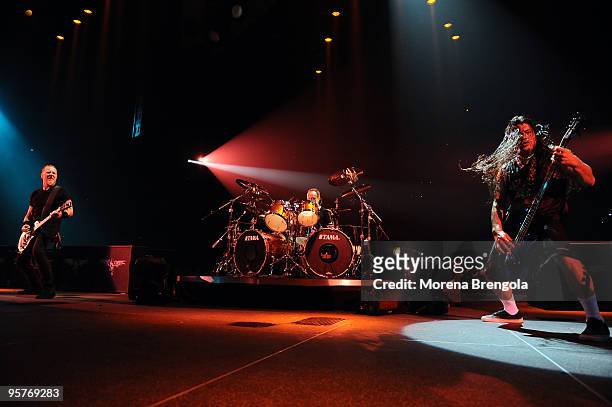 James Hetfield, Lars Ulrich and Robert Trujillo of Metallica perform at Datch forum on June 22, 2009 in Milan, Italy.