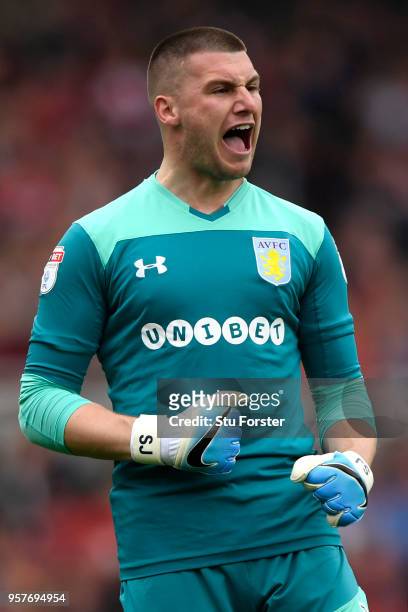 Sam Johnstone of Aston Villa celebrates after his sides first goal during the Sky Bet Championship Play Off Semi Final:First Leg match between...