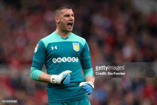 Sam Johnstone of Aston Villa celebrates after his sides first goal during the Sky Bet Championship Play Off Semi Final:First Leg match between...