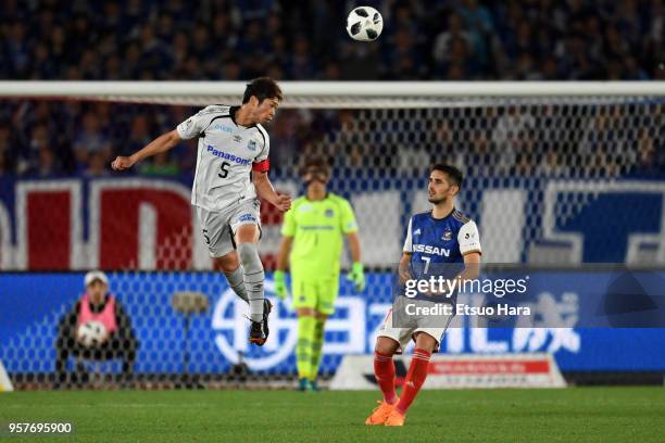 Genta Miura of Gamba Osaka in action during the J.League J1 match between Yokohama F.Marinos and Gamba Osaka at Nissan Stadium on May 12, 2018 in...