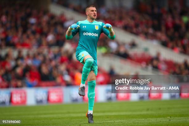 Sam Johnstone of Aston Villa celebrates the first goal during the Sky Bet Championship Play Off Semi Final First Leg match between Middlesbrough and...